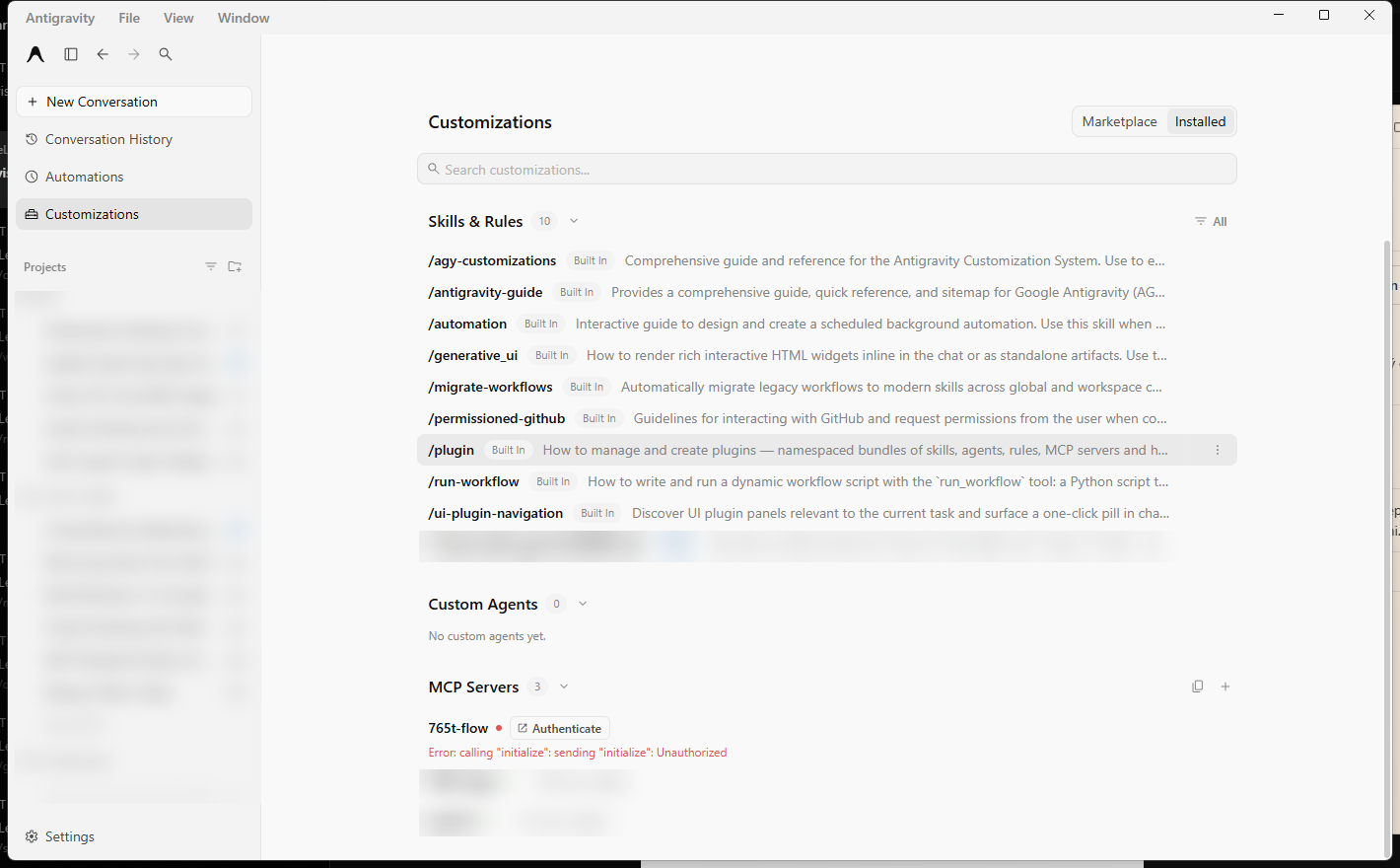 Antigravity Customizations → Installed → MCP Servers panel showing the 765t-flow server entry and Authenticate button
