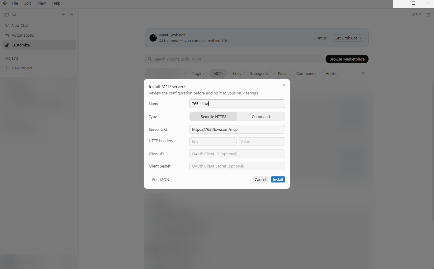 Cursor Install MCP server? confirmation dialog showing the 765t-flow configuration and Install button