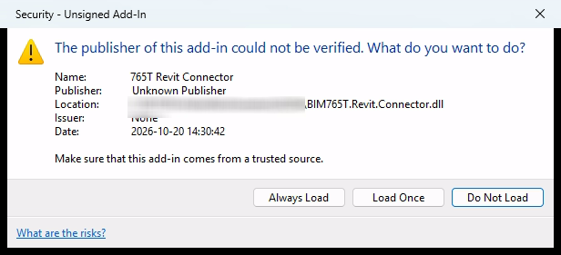 Revit Security - Unsigned Add-In dialog showing the Always Load button for BIM765T.Revit.Connector.dll