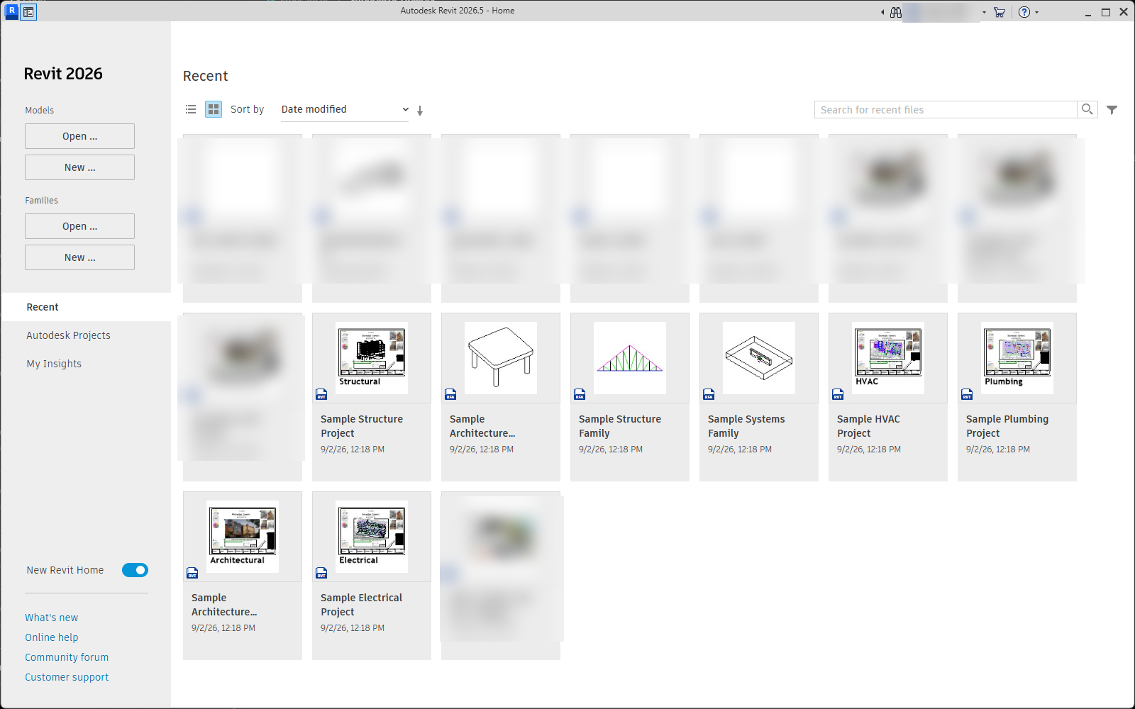 Autodesk Revit Home screen on Windows showing sample models and families